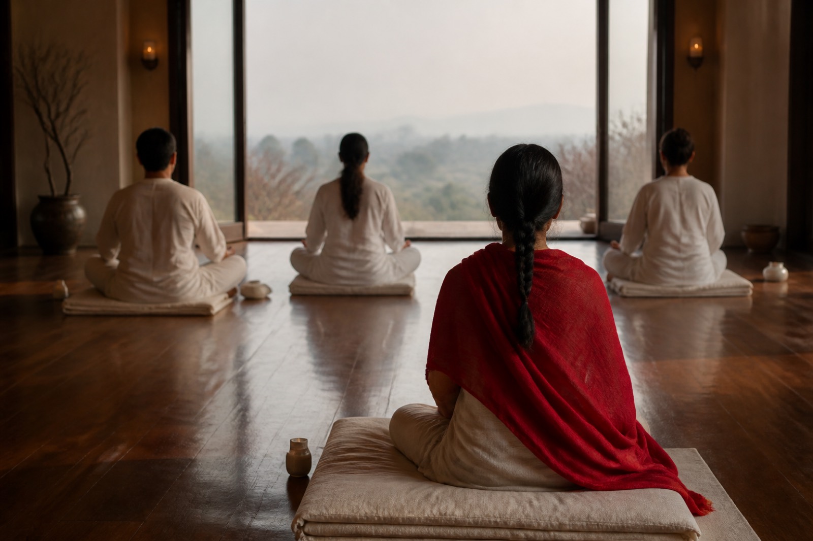 Quiet yoga hall at dawn — visual for wellness brand marketing